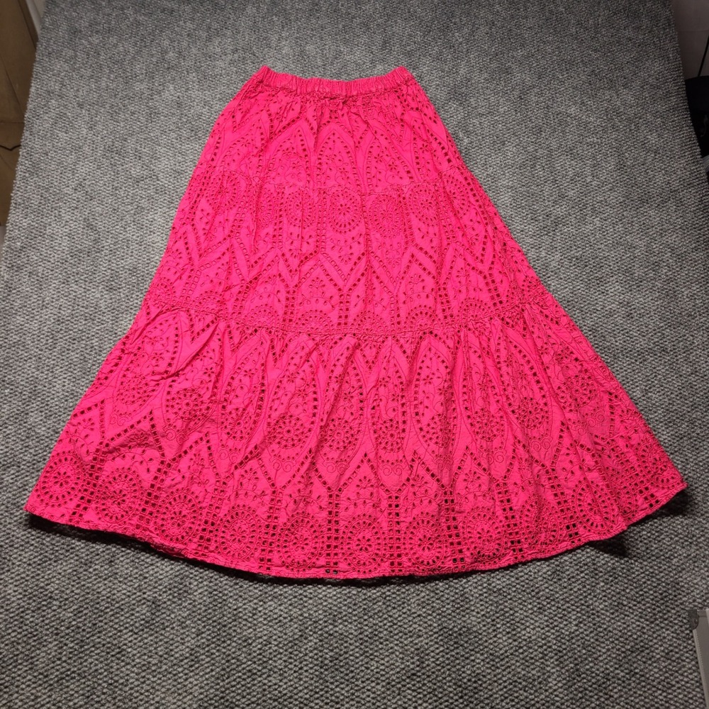 Pink Eyelet Lace Tiered Maxi Skirt Elastic Waist Bohemian Lined Small